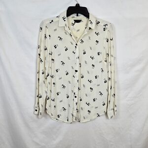 Topshop Women's Ivory Black Panda‎ Print Long Sleeve Button Career Shirt Sz 4